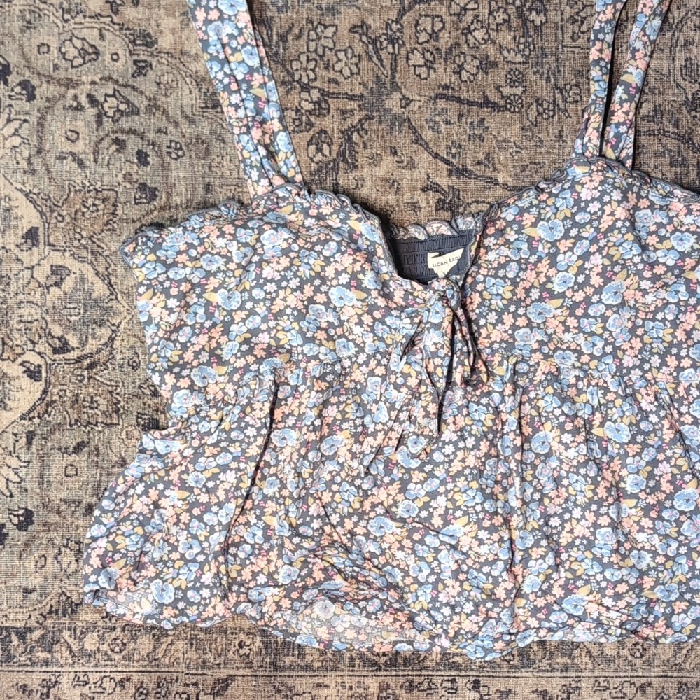 American Eagle Outfitters Sweetheart Ruffle Tank Blue Floral Cropped Cami